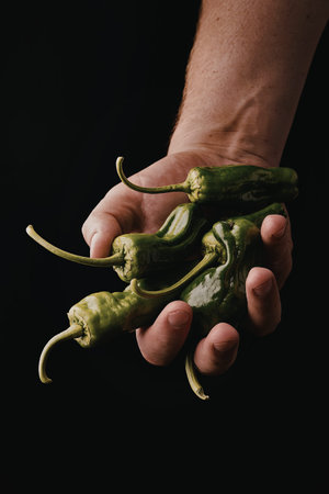 A close-up image of a hand holding several fresh green peppers against a dark background.