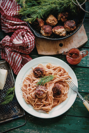 A delicious plate of spaghetti topped with homemade meatballs and tomato sauce, garnished with fresh herbs. Served with a side of grated cheese and a red sauce dispenser.の写真素材
