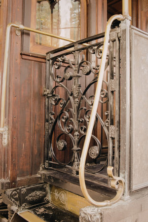 This image showcases an ornate iron railing featuring intricate designs, positioned on a stairway entrance. The railing is supported by a sturdy base and is complemented by wooden doors and a window in the background.