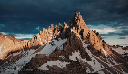 A breathtaking view of a rugged mountain range illuminated by the warm hues of a setting sun. The...