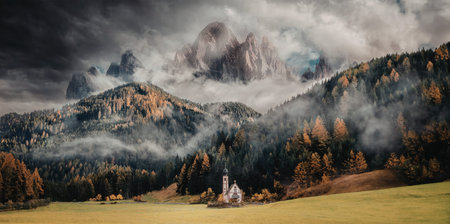 A serene mountain landscape featuring a small church nestled in a valley surrounded by dense forests...