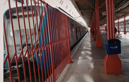 A contemporary train station featuring a blue and white train behind red safety gates. The platform...