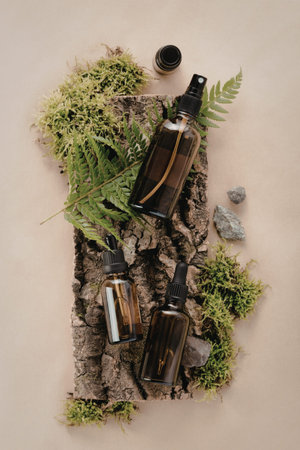 A collection of essential oil bottles placed on a rustic wooden surface, surrounded by green ferns...