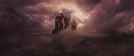 A mystical mountain peak rises above a sea of clouds, illuminated by the warm hues of twilight. The...