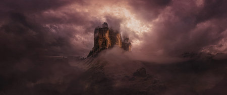 A mystical mountain peak rising above dense clouds during a dramatic twilight, illuminated by a warm, golden light.の写真素材