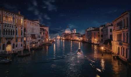 A serene night view of a Venice canal with illuminated historic buildings and a boat in the water.の写真素材