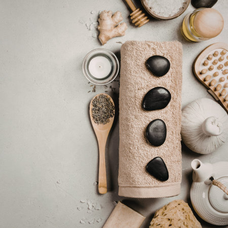A carefully arranged collection of spa essentials including a rolled towel, hot stones, various...