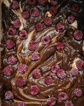 A close-up image of a decadent chocolate brownie topped with fresh raspberries. The brownie has a smooth, glossy chocolate surface with swirls of cream and is generously adorned with vibrant red raspberries.の写真素材