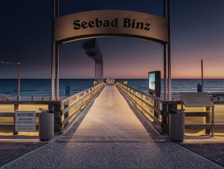 A serene evening view of the Seebad Binz pier, extending into the calm sea under a twilight sky,...