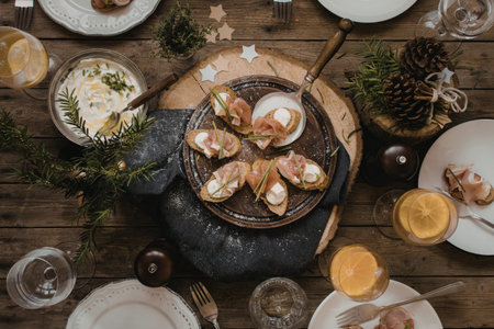 A beautifully arranged rustic table setting featuring a variety of gourmet dishes, including a cast iron skillet with baked items, surrounded by glasses of orange juice, pine cones, and festive decorations.の写真素材