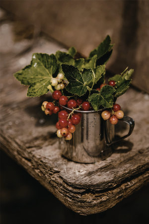 A metal mug filled with vibrant red berries and lush green leaves sits on a weathered wooden...