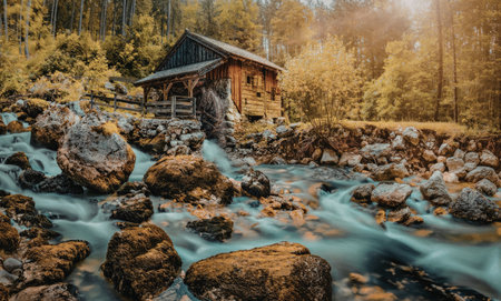 A picturesque wooden mill nestled in a lush forest, with a swiftly flowing river surrounded by rocks and vibrant greenery.の写真素材