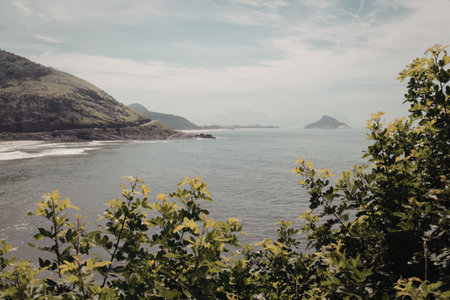 A tranquil coastal scene featuring lush green foliage in the foreground, calm blue waters, and distant hills under a partly cloudy sky.の写真素材