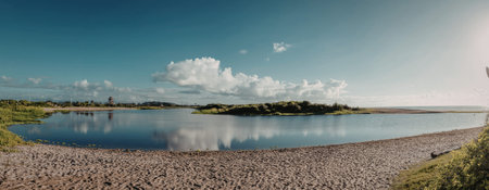 A panoramic view of a tranquil lakeside scene under a clear blue sky with scattered clouds. The...