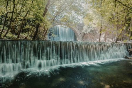 A picturesque waterfall cascades gently through a lush, green forest, surrounded by dense foliage and tall trees.の写真素材