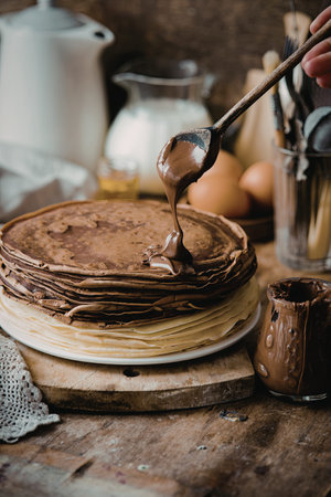 A stack of chocolate crepes with rich chocolate sauce being drizzled on top, placed on a rustic...