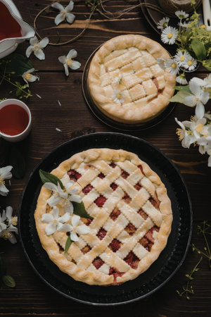Two beautifully baked strawberry pies are placed on a rustic wooden table, surrounded by fresh...