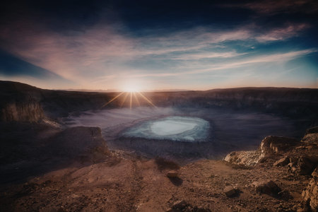 A serene landscape featuring a sunrise over a tranquil crater lake, surrounded by rugged terrain and...