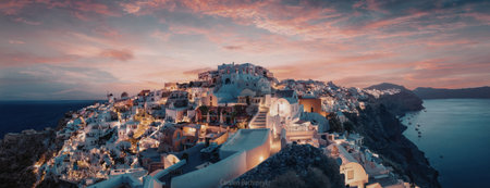A picturesque coastal village bathed in the warm hues of a setting sun, with buildings cascading down the cliffside towards the sea.の写真素材