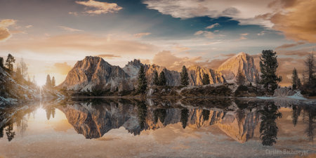 A serene landscape featuring a mountain range bathed in the warm hues of sunset, reflected perfectly in a tranquil lake below. The scene is framed by trees and an expansive sky with scattered clouds.の写真素材