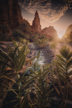 A serene landscape featuring towering red rock formations bathed in the warm glow of a setting sun. The scene is framed by lush green vegetation in the foreground, with a calm river reflecting the golden light.の写真素材