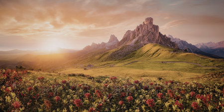 A stunning sunset illuminates a rugged mountain range, casting warm hues across the sky. In the foreground, a vibrant field of wildflowers adds a splash of color to the serene landscape.の写真素材