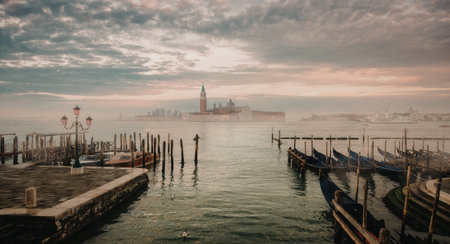 A serene sunset view of the Venetian lagoon with the iconic San Marco Tower in the distance. The image captures the calm waters, wooden docks, and traditional Venetian architecture.の写真素材