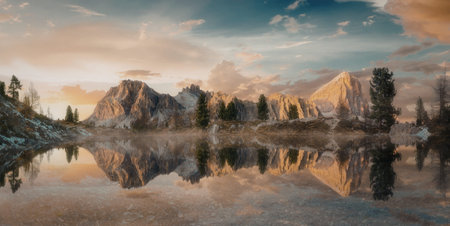 A serene landscape featuring a snow-covered mountain range at sunset. The sky is painted with hues...