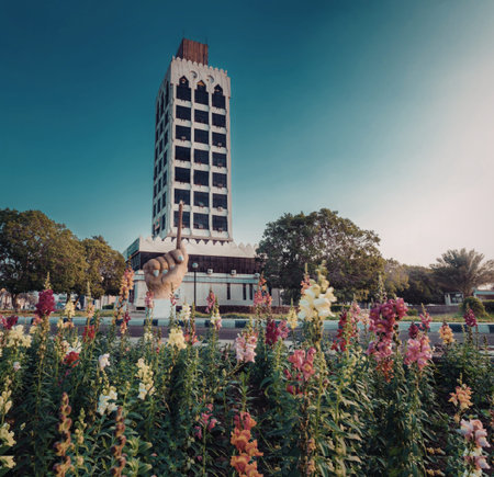 A tall building with a unique architectural design stands prominently in the background, surrounded...