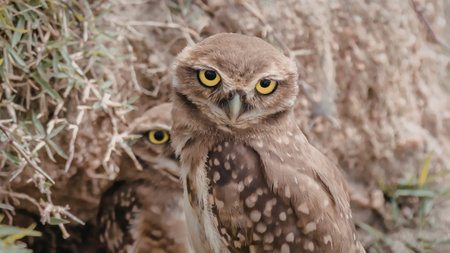 A close-up image of two owls with piercing yellow eyes, perched among dry branches and foliage. The owls have brown and white spotted feathers, blending into their natural habitat.の写真素材