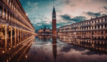 A captivating sunset scene in Venice, Italy, featuring the iconic Piazza San Marco. The image showcases the Campanile di San Marco and the Procuratie buildings reflected in the square, creating a serene and picturesque atmosphere.の写真素材