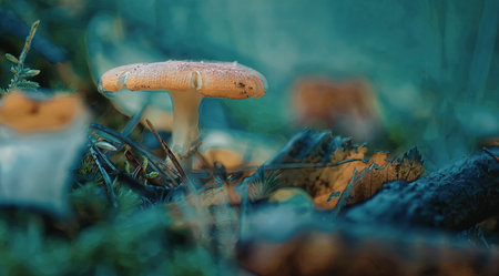 A close-up photograph of a single, vibrant orange mushroom growing in a lush, green forest. The mushroom stands out prominently against the surrounding greenery and forest floor.の写真素材
