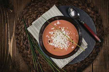 A bowl of rich, red tomato soup garnished with grated cheese and chives, placed on a rustic wooden table with a spoon and napkin.の写真素材