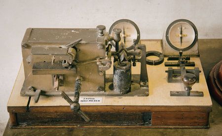 An antique telegraph machine is prominently displayed on a wooden stand. The machine features...