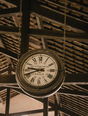 A vintage clock with Roman numerals is hanging from a metal beam. The clock face is yellow with black numbers and hands. The background features an industrial setting with wooden planks and metal structures.の写真素材
