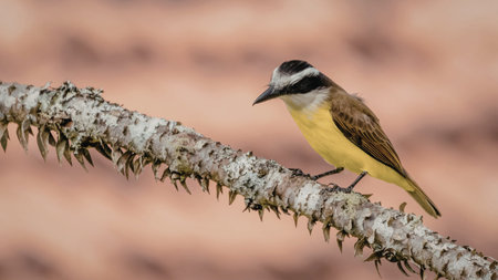 A vibrant yellow-bellied bird with a gray head and wings is perched on a spiky tree branch. The bird...