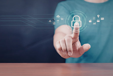 A person is shown activating a digital security measure by touching a virtual padlock icon on a...