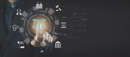 A businessman in a suit is interacting with a digital interface displaying various law and justice...