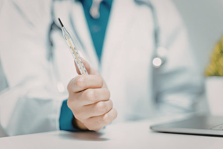 A close-up image of a doctor's hand holding a pen, with a laptop and a plant in the background.の写真素材