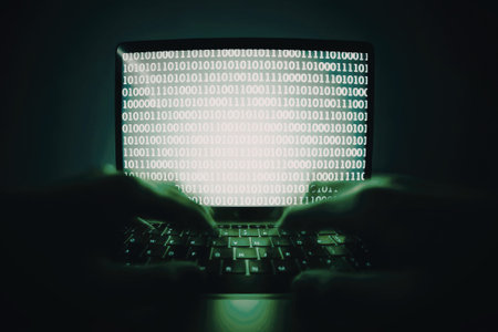 An image of a computer screen displaying binary code with a green backlight, highlighting the keys...
