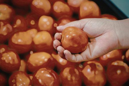A close-up image of a hand holding a single ripe tomato amidst a pile of similar tomatoes. The tomatoes are vibrant and fresh, suggesting a market or grocery setting.の写真素材