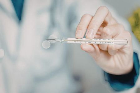A close-up image of a hand holding a medical thermometer, likely indicating a health check or...