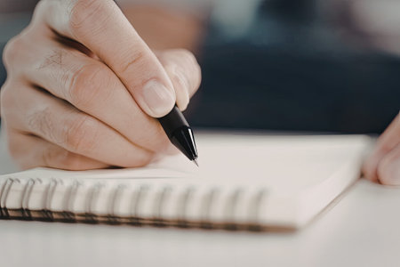 A close-up image of a hand holding a pen and writing in a spiral-bound notebook.
