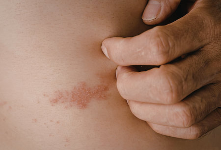 A close-up image of a hand inspecting a red skin rash on a person's back.の写真素材