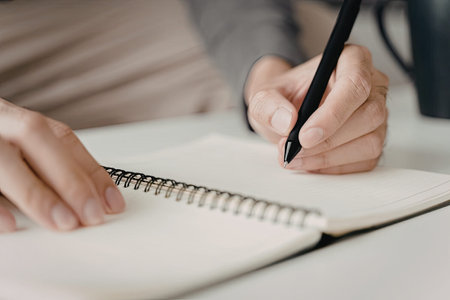 A close-up image of a person's hand writing with a black pen in a spiral-bound notebook on a white...
