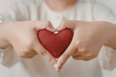 An image of a pair of hands forming a heart shape with fingers, holding a small red heart in the center.の写真素材