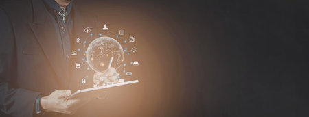 A businessman in a suit is using a digital tablet, with network and technology icons surrounding it,...