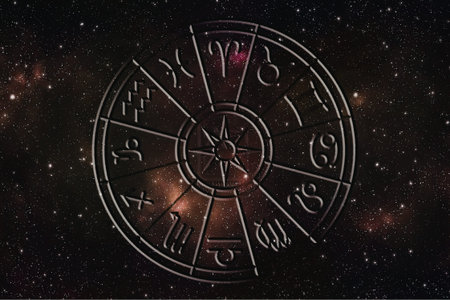 A detailed astrology wheel set against a backdrop of a starry night sky, featuring zodiac symbols and celestial elements.の写真素材