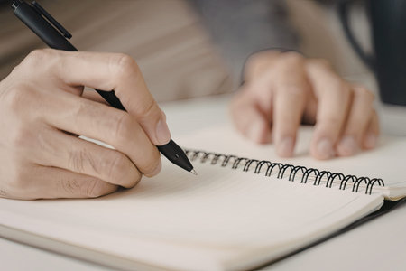 A close-up image of a person's hand writing with a black pen in a spiral-bound notebook. The focus...