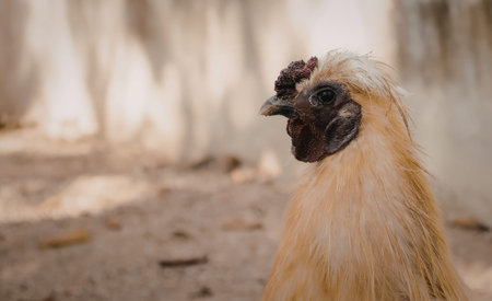 A close-up image of a curious-looking hen with a prominent comb and wattles standing in a rustic,...